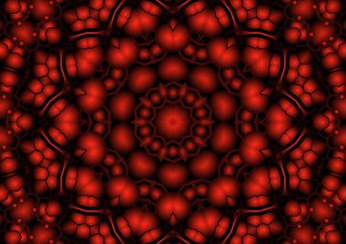 Dijital illüstrasyon, geometrik soyut renkli kaleydoskop simetrik desen ve gradyan etkisi. Klasik güzel dekoratif kırmızı arkaplan