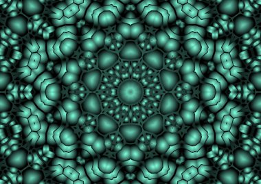 Dijital illüstrasyon, geometrik soyut renkli kaleydoskop simetrik desen ve gradyan etkisi. Klasik güzel dekoratif yeşil arkaplan