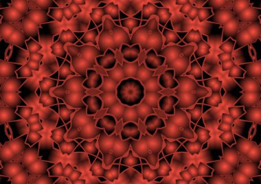 Dijital illüstrasyon, geometrik soyut renkli kaleydoskop simetrik desen ve gradyan etkisi. Klasik güzel dekoratif kırmızı arkaplan