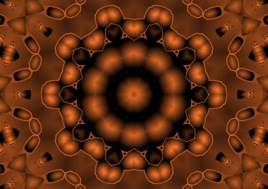 Dijital illüstrasyon, geometrik soyut renkli kaleydoskop simetrik desen ve gradyan etkisi. Klasik güzel dekoratif turuncu arka plan