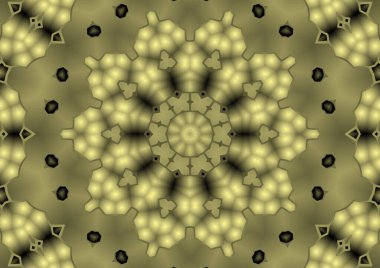 Dijital illüstrasyon, geometrik soyut renkli kaleydoskop simetrik desen ve gradyan etkisi. Klasik güzel dekoratif sarı arkaplan