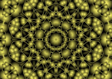 Dijital illüstrasyon, geometrik soyut renkli kaleydoskop simetrik desen ve gradyan etkisi. Klasik güzel dekoratif sarı arkaplan