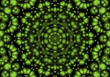 Dijital illüstrasyon, geometrik soyut renkli kaleydoskop simetrik desen ve gradyan etkisi. Klasik güzel dekoratif yeşil arkaplan