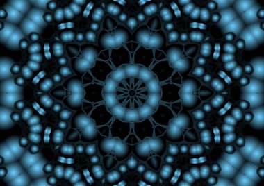 Dijital illüstrasyon, geometrik soyut renkli kaleydoskop simetrik desen ve gradyan etkisi. Klasik güzel dekoratif mavi arkaplan