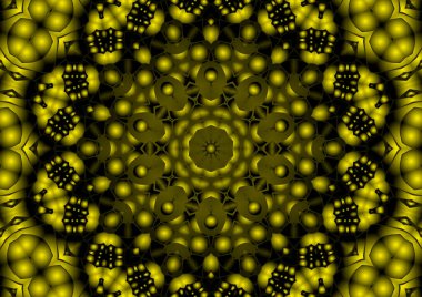 Dijital illüstrasyon, geometrik soyut renkli kaleydoskop simetrik desen ve gradyan etkisi. Klasik güzel dekoratif sarı arkaplan