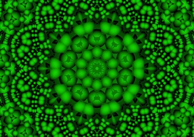 Dijital illüstrasyon, geometrik soyut renkli kaleydoskop simetrik desen ve gradyan etkisi. Klasik güzel dekoratif yeşil arkaplan