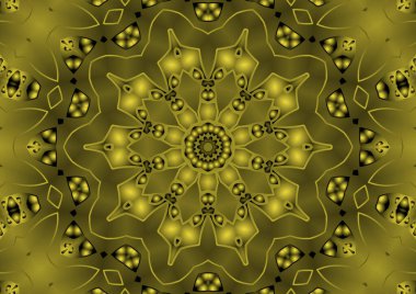 Dijital illüstrasyon, geometrik soyut renkli kaleydoskop simetrik desen ve gradyan etkisi. Klasik güzel dekoratif sarı arkaplan