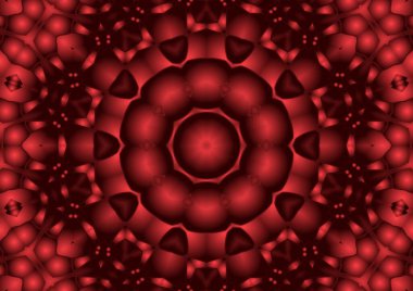 Dijital illüstrasyon, geometrik soyut renkli kaleydoskop simetrik desen ve gradyan etkisi. Klasik güzel dekoratif kırmızı arkaplan