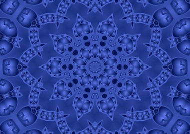 Dijital illüstrasyon, geometrik soyut renkli kaleydoskop simetrik desen ve gradyan etkisi. Klasik güzel dekoratif mavi arkaplan