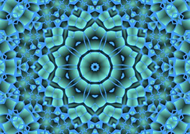 Dijital illüstrasyon, geometrik soyut renkli kaleydoskop simetrik desen ve gradyan etkisi. Klasik güzel dekoratif mavi arkaplan