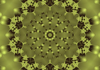 Dijital illüstrasyon, geometrik soyut renkli kaleydoskop simetrik desen ve gradyan etkisi. Klasik güzel dekoratif sarı arkaplan