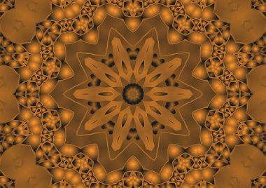 Dijital illüstrasyon, geometrik soyut renkli kaleydoskop simetrik desen ve gradyan etkisi. Klasik güzel dekoratif turuncu arka plan