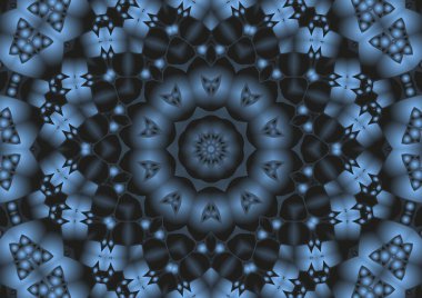 Dijital illüstrasyon, geometrik soyut renkli kaleydoskop simetrik desen ve gradyan etkisi. Klasik güzel dekoratif mavi arkaplan