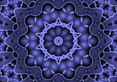 Dijital illüstrasyon, geometrik soyut renkli kaleydoskop simetrik desen ve gradyan etkisi. Klasik güzel dekoratif mavi arkaplan