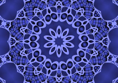 Dijital illüstrasyon, geometrik soyut renkli kaleydoskop simetrik desen ve gradyan etkisi. Klasik güzel dekoratif mavi arkaplan