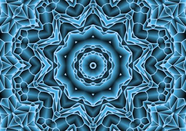 Dijital illüstrasyon, geometrik soyut renkli kaleydoskop simetrik desen ve gradyan etkisi. Klasik güzel dekoratif mavi arkaplan