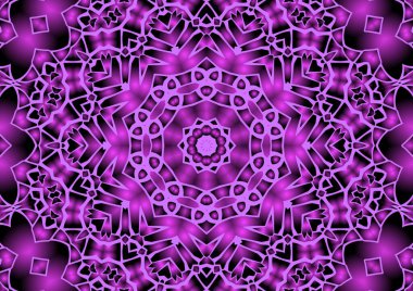 Dijital illüstrasyon, geometrik soyut renkli kaleydoskop simetrik desen ve gradyan etkisi. Klasik güzel dekoratif pembe arkaplan