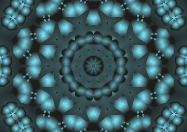 Dijital illüstrasyon, geometrik soyut renkli kaleydoskop simetrik desen ve gradyan etkisi. Klasik güzel dekoratif mavi arkaplan