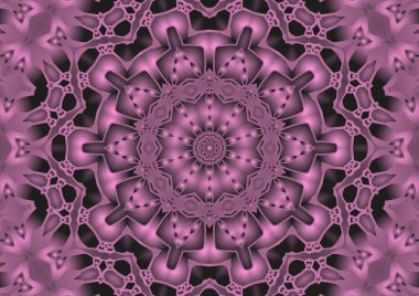 Dijital illüstrasyon, geometrik soyut renkli kaleydoskop simetrik desen ve gradyan etkisi. Klasik güzel dekoratif pembe arkaplan