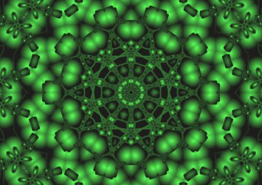 Dijital illüstrasyon, geometrik soyut renkli kaleydoskop simetrik desen ve gradyan etkisi. Klasik güzel dekoratif yeşil arkaplan