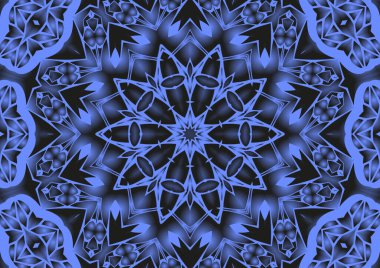 Dijital illüstrasyon, geometrik soyut renkli kaleydoskop simetrik desen ve gradyan etkisi. Klasik güzel dekoratif mavi arkaplan