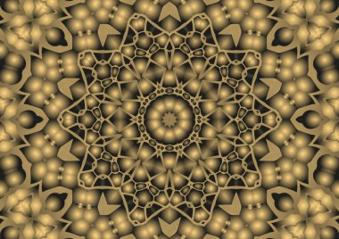 Dijital illüstrasyon, geometrik soyut renkli kaleydoskop simetrik desen ve gradyan etkisi. Klasik güzel dekoratif sarı arkaplan