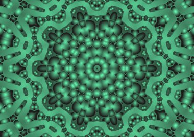 Dijital illüstrasyon, geometrik soyut renkli kaleydoskop simetrik desen ve gradyan etkisi. Klasik güzel dekoratif yeşil arkaplan