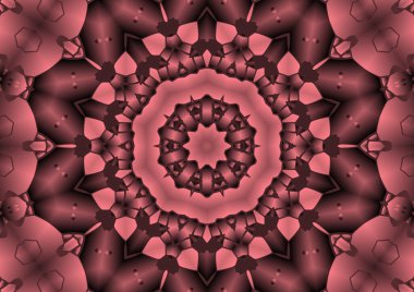 Dijital illüstrasyon, geometrik soyut renkli kaleydoskop simetrik desen ve gradyan etkisi. Klasik güzel dekoratif pembe arkaplan