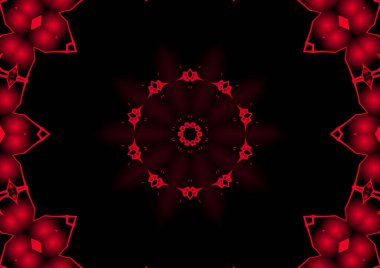 Dijital illüstrasyon, geometrik soyut renkli kaleydoskop simetrik desen ve gradyan etkisi. Klasik güzel dekoratif kırmızı arkaplan