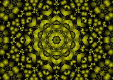 Dijital illüstrasyon, geometrik soyut renkli kaleydoskop simetrik desen ve gradyan etkisi. Klasik güzel dekoratif sarı arkaplan