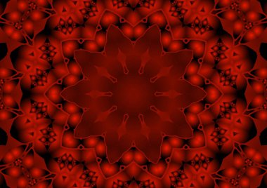 Dijital illüstrasyon, geometrik soyut renkli kaleydoskop simetrik desen ve gradyan etkisi. Klasik güzel dekoratif kırmızı arkaplan