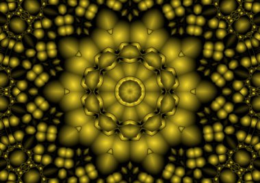 Dijital illüstrasyon, geometrik soyut renkli kaleydoskop simetrik desen ve gradyan etkisi. Klasik güzel dekoratif sarı arkaplan