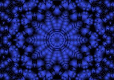 Dijital illüstrasyon, geometrik soyut renkli kaleydoskop simetrik desen ve gradyan etkisi. Klasik güzel dekoratif mavi arkaplan