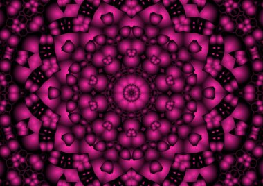 Dijital illüstrasyon, geometrik soyut renkli kaleydoskop simetrik desen ve gradyan etkisi. Klasik güzel dekoratif pembe arkaplan