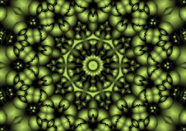 Dijital illüstrasyon, geometrik soyut renkli kaleydoskop simetrik desen ve gradyan etkisi. Klasik güzel dekoratif sarı arkaplan