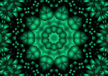 Dijital illüstrasyon, geometrik soyut renkli kaleydoskop simetrik desen ve gradyan etkisi. Klasik güzel dekoratif yeşil arkaplan