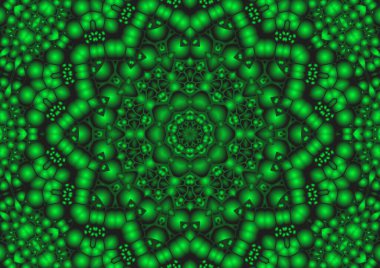 Dijital illüstrasyon, geometrik soyut renkli kaleydoskop simetrik desen ve gradyan etkisi. Klasik güzel dekoratif yeşil arkaplan