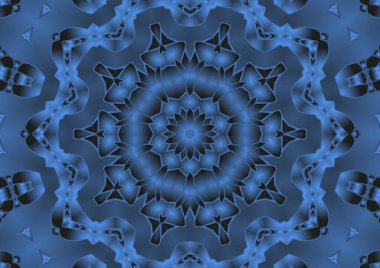 Dijital illüstrasyon, geometrik soyut renkli kaleydoskop simetrik desen ve gradyan etkisi. Klasik güzel dekoratif mavi arkaplan