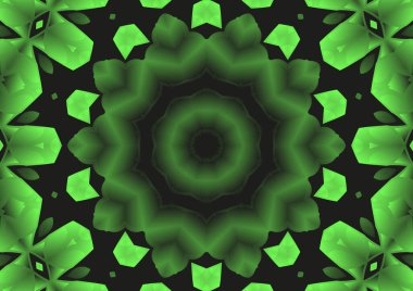 Dijital illüstrasyon, geometrik soyut renkli kaleydoskop simetrik desen ve gradyan etkisi. Klasik güzel dekoratif yeşil arkaplan