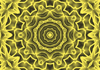 Dijital illüstrasyon, geometrik soyut renkli kaleydoskop simetrik desen ve gradyan etkisi. Klasik güzel dekoratif sarı arkaplan