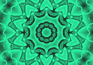 Dijital illüstrasyon, geometrik soyut renkli kaleydoskop simetrik desen ve gradyan etkisi. Klasik güzel dekoratif yeşil arkaplan