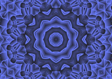 Dijital illüstrasyon, geometrik soyut renkli kaleydoskop simetrik desen ve gradyan etkisi. Klasik güzel dekoratif mavi arkaplan