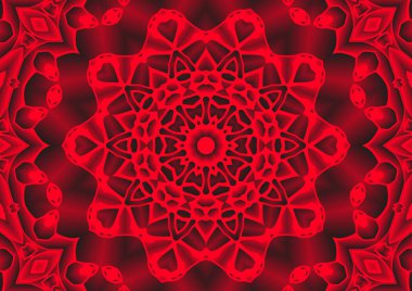 Dijital illüstrasyon, geometrik soyut renkli kaleydoskop simetrik desen ve gradyan etkisi. Klasik güzel dekoratif kırmızı arkaplan