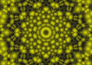 Dijital illüstrasyon, geometrik soyut renkli kaleydoskop simetrik desen ve gradyan etkisi. Klasik güzel dekoratif sarı arkaplan