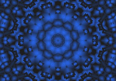 Dijital illüstrasyon, geometrik soyut renkli kaleydoskop simetrik desen ve gradyan etkisi. Klasik güzel dekoratif mavi arkaplan