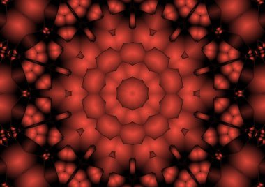 Dijital illüstrasyon, geometrik soyut renkli kaleydoskop simetrik desen ve gradyan etkisi. Klasik güzel dekoratif kırmızı arkaplan