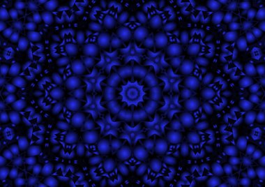 Dijital illüstrasyon, geometrik soyut renkli kaleydoskop simetrik desen ve gradyan etkisi. Klasik güzel dekoratif mavi arkaplan