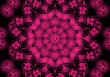 Dijital illüstrasyon, geometrik soyut renkli kaleydoskop simetrik desen ve gradyan etkisi. Klasik güzel dekoratif kırmızı arkaplan