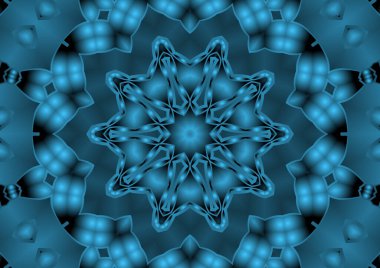 Dijital illüstrasyon, geometrik soyut renkli kaleydoskop simetrik desen ve gradyan etkisi. Klasik güzel dekoratif mavi arkaplan