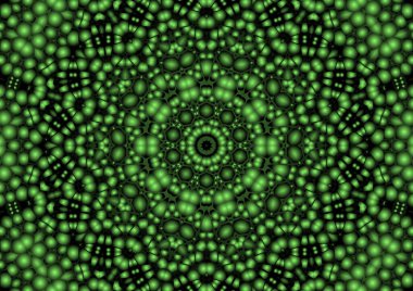 Dijital illüstrasyon, geometrik soyut renkli kaleydoskop simetrik desen ve gradyan etkisi. Klasik güzel dekoratif yeşil arkaplan